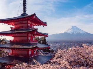 A 日本 pagoda with a view of mount Fuji. 